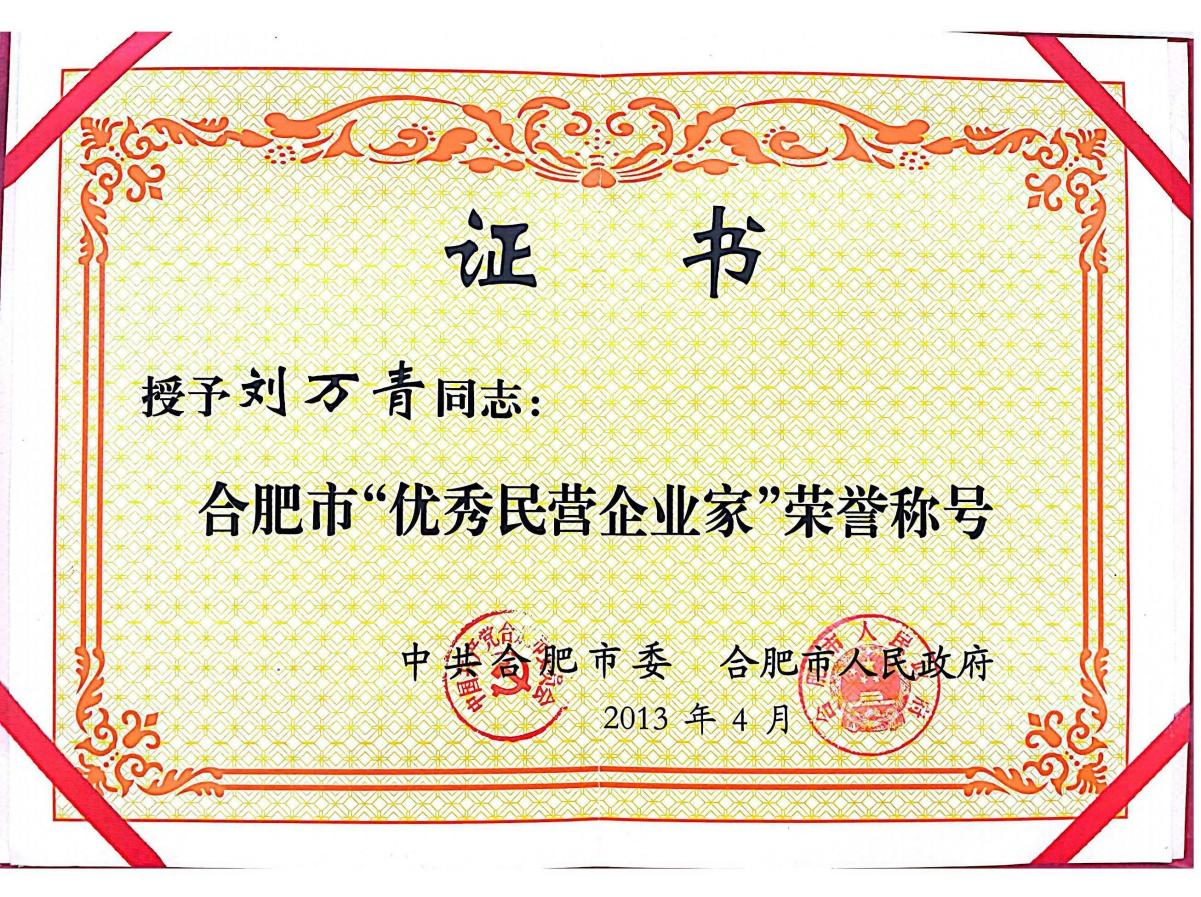 董事長劉萬青被合肥市委、合肥市人民政府授予“合肥市優秀民營企業家”榮譽稱號